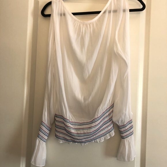 Ramy Brook White Blouse with Multicolor Striped Hem and Cuffs - Picture 2 of 6